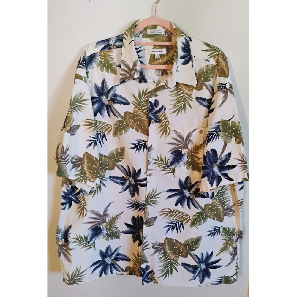 Pierre Cardin Mens XXL‎ Tropical Palm Print Cotton Button Down Shirt White Green
